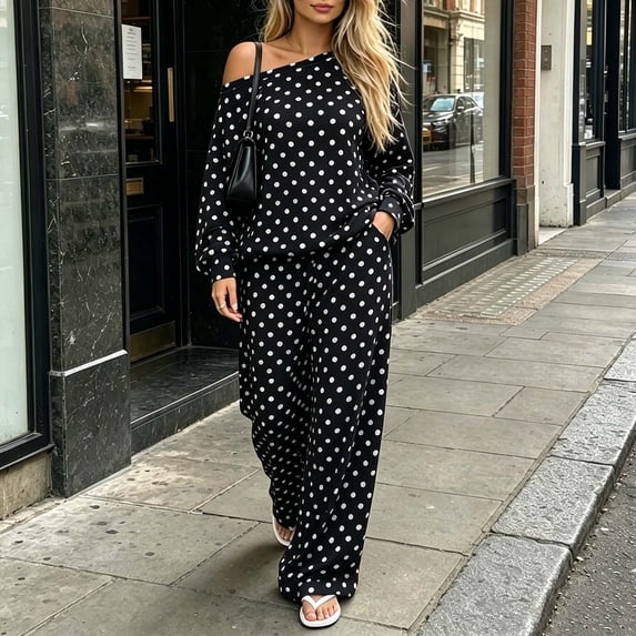 Usloyux Women's 2 Piece Lounge Set Polka Dot Long Sleeve Open Front Top and Wide Leg Pants Casual Loose Matching Tracksuit Outfits, Black S