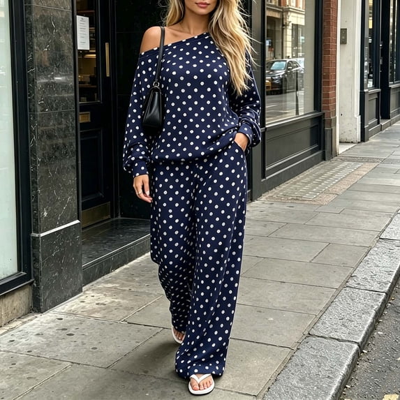 Usloyux Women's 2 Piece Lounge Set Polka Dot Long Sleeve Open Front Top and Wide Leg Pants Casual Loose Matching Tracksuit Outfits, Navy 2XL
