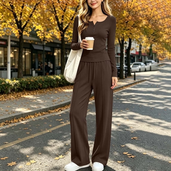 Usloyux Women's 2 Piece Lounge Set Scoop Neck Long Sleeve Pullover Top and Wide Leg Pants Matching Tracksuit Outfits, Brown L