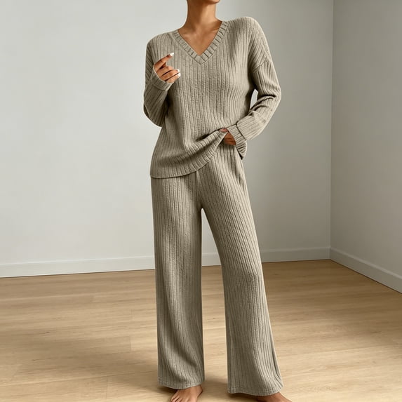 Usloyux Women's 2 Piece Lounge Set V Neck Long Sleeve Sweater and Wide Leg Pants Matching Casual Outfits with Elastic Waist, Green M