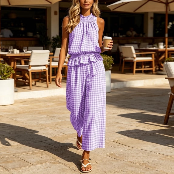 Usloyux Women's 2 Piece Outfits High Neck Sleeveless Plaid Matching Set Loose Boho Vacation Lounge Tracksuit with Wide Leg Pants, Purple M