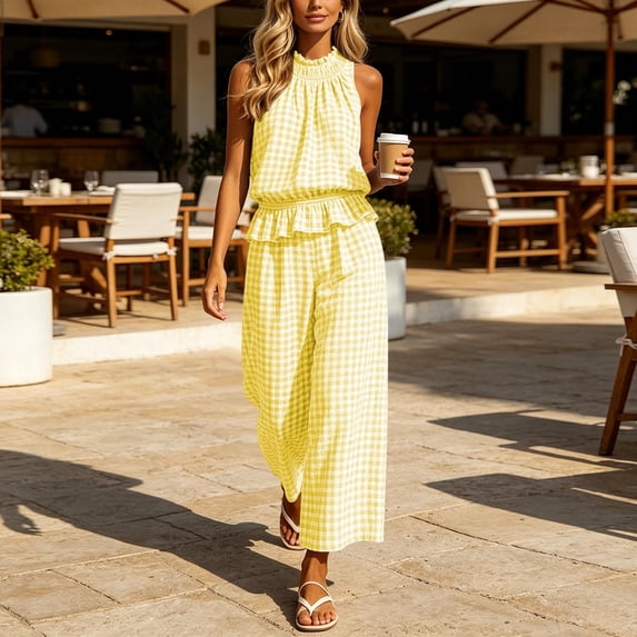 Usloyux Women's 2 Piece Outfits High Neck Sleeveless Plaid Matching Set Loose Boho Vacation Lounge Tracksuit with Wide Leg Pants, Yellow M