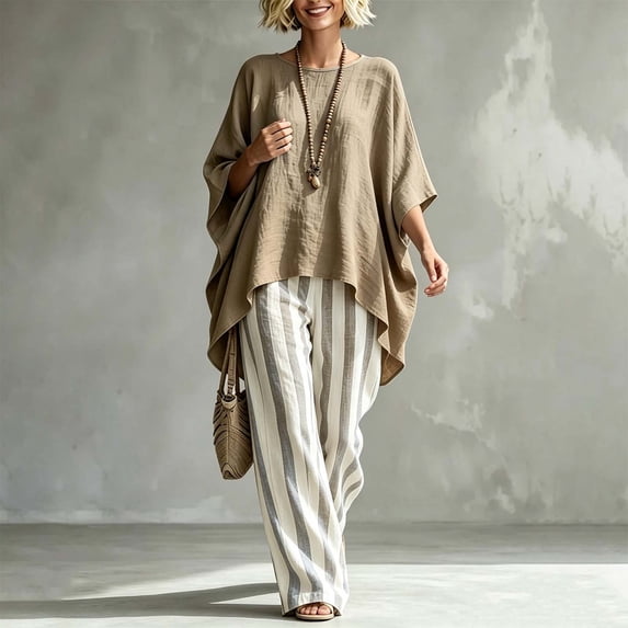 Usloyux Women's 2 Piece Outfits Plus Size Round Neck Batwing Sleeve Pullover Top and Wide Leg Striped Pants Casual Lounge Set with Loose Fit Boho Vacation Matching Tracksuit, Khaki 2XL
