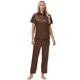 thumbnail image 1 of Usloyux Women's 2 Piece Outfits Short Sleeve Collared Shirt and Pants Matching Lounge Set Solid Casual Tracksuit with Elastic Waist, Coffee L, 1 of 8