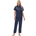 thumbnail image 1 of Usloyux Women's 2 Piece Outfits Short Sleeve Collared Shirt and Pants Matching Lounge Set Solid Casual Tracksuit with Elastic Waist, Navy L, 1 of 8