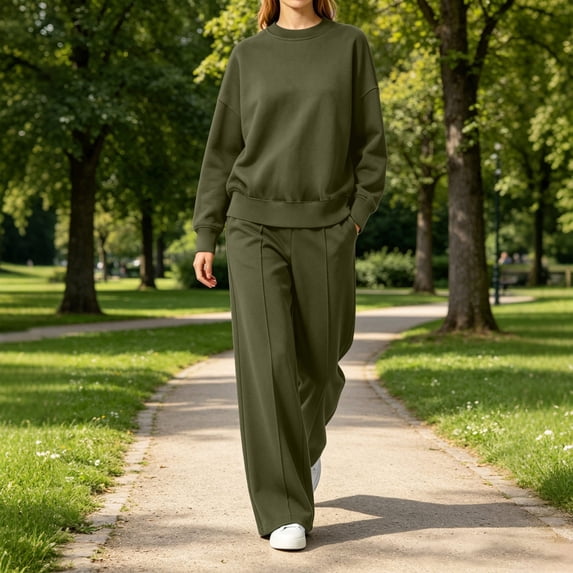 Usloyux Women's 2 Piece Set Round Neck Long Sleeve Pullover Top and Wide Leg Pants Matching Lounge Outfits Solid Basic Tracksuit, Army Green M