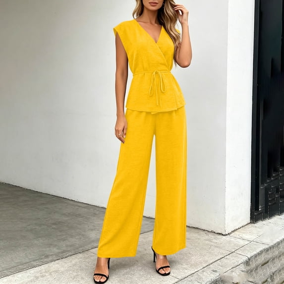Usloyux Women's 2 Piece Set V Neck Sleeveless Peplum Top and Wide Leg Pants Matching Casual Outfit Solid Basic Lounge Set, Yellow 2XL
