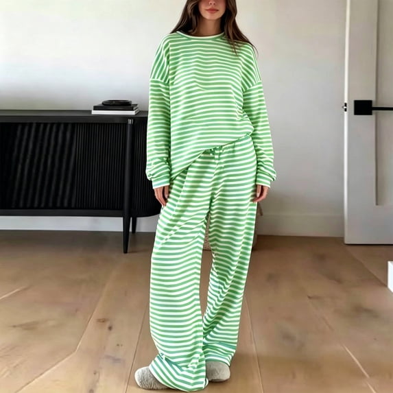 Usloyux Women's 2 Piece Striped Lounge Set Long Sleeve Pullover Top and Wide Leg Pants Matching Tracksuit Outfits with, Green S