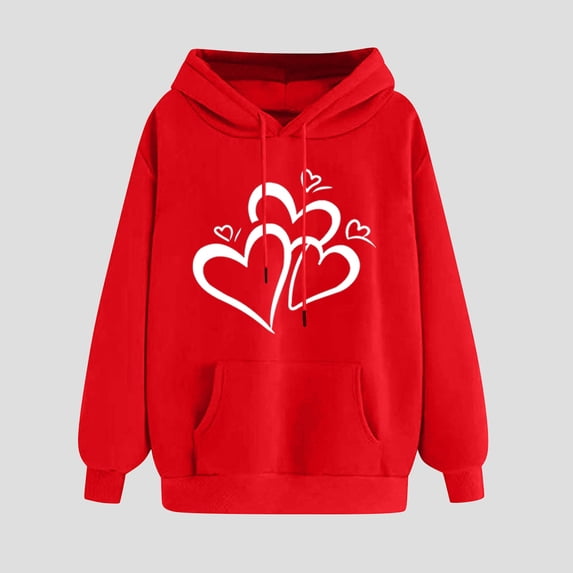 Usloyux Women's Cute Heart Print Hoodies Pullover Long Sleeve Sweatshirts with Pockets Casual Loose Fit Fall Winter Tops, Red M