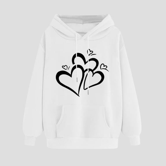 Usloyux Women's Cute Heart Print Hoodies Pullover Long Sleeve Sweatshirts with Pockets Casual Loose Fit Fall Winter Tops, White L