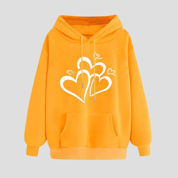 Usloyux Women's Cute Heart Print Hoodies Pullover Long Sleeve Sweatshirts with Pockets Casual Loose Fit Fall Winter Tops, Yellow M