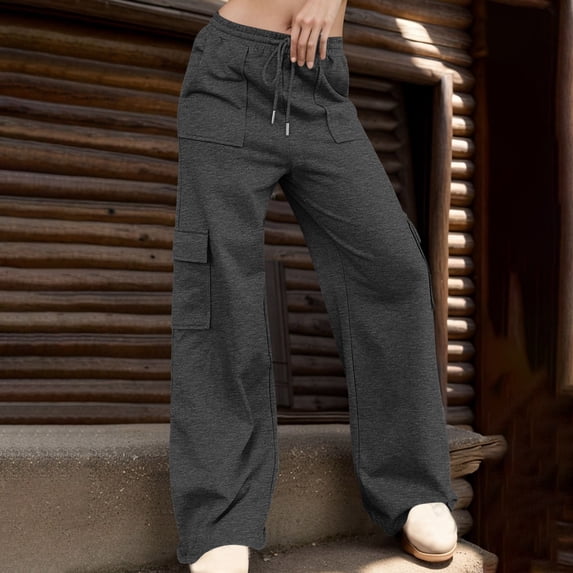 Usloyux Women's Drawstring Cargo Pants Wide Leg with Pockets Elastic Waisted Casual Solid Streetwear Lounge Long Pants for Vacation Travel, Dark Gray XL