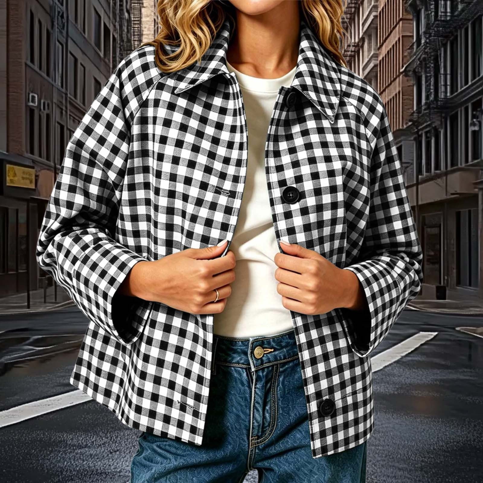 Large Turn Button Usloyux Women's Fashion Plaid Button Up Shirt Jackets Long Sleeve Turn ...