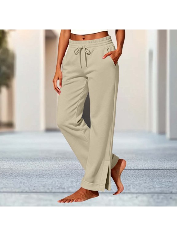 Women's High Waisted Straight Leg Pants with Pockets Casual Lounge Long Trousers Travel Work Bottoms, Beige 2XL
