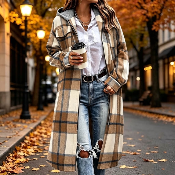 Usloyux Women's Plaid Hooded Zip Up Cardigans Long Sleeve Longline Coats with Chest Pockets Casual Fall Winter Tops, Beige 2XL