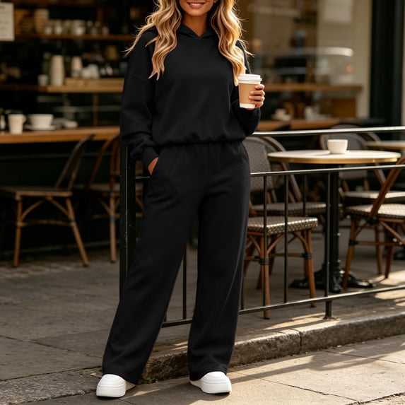 Usloyux Women's Plus Size 2 Piece Lounge Set Round Neck Long Sleeve Hoodie and Wide Leg Pants Matching Tracksuit Outfits with Drawstring Casual Loungewear, Black M