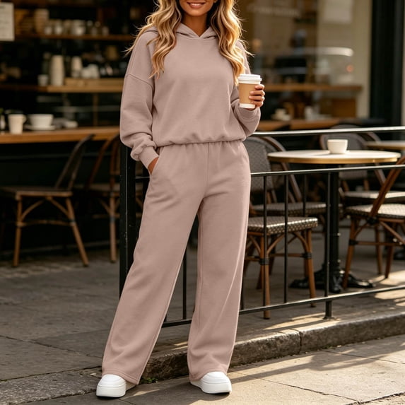 Usloyux Women's Plus Size 2 Piece Lounge Set Round Neck Long Sleeve Hoodie and Wide Leg Pants Matching Tracksuit Outfits with Drawstring Casual Loungewear, Khaki 2XL
