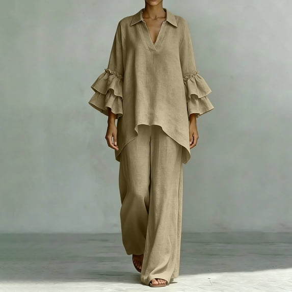Usloyux Women's Plus Size 2 Piece Outfits V Neck Ruffle Sleeve Top and Wide Leg Pants Matching Lounge Set Casual Boho Vacation Tracksuit, Khaki L