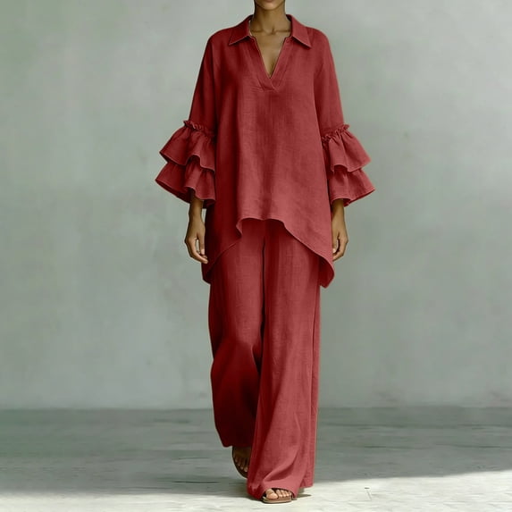 Usloyux Women's Plus Size 2 Piece Outfits V Neck Ruffle Sleeve Top and Wide Leg Pants Matching Lounge Set Casual Boho Vacation Tracksuit, Red 2XL