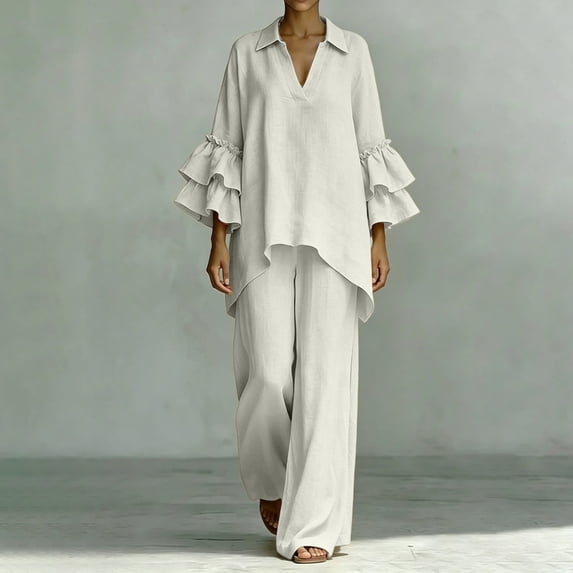 Usloyux Women's Plus Size 2 Piece Outfits V Neck Ruffle Sleeve Top and Wide Leg Pants Matching Lounge Set Casual Boho Vacation Tracksuit, White 3XL