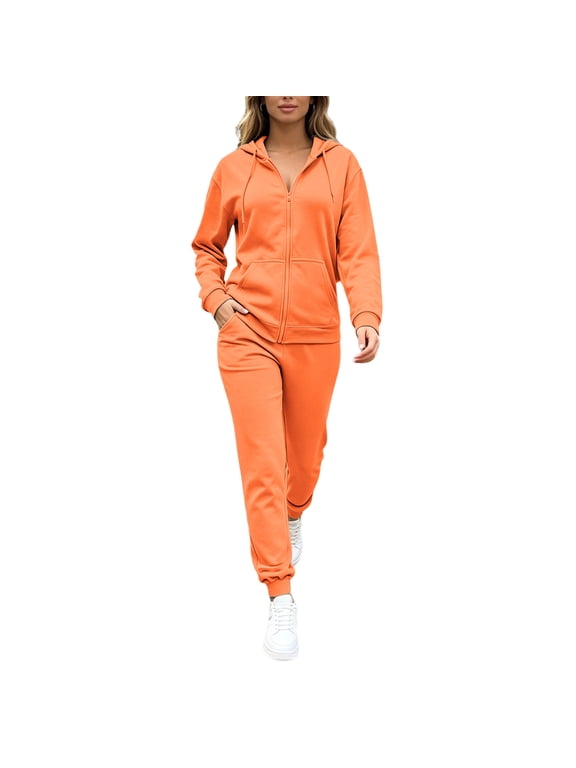 Women's Plus Size 2 Piece Set V Neck Long Sleeve Hoodie and Elastic Waist Pants Casual Matching Outfits Solid Lounge Tracksuit, Orange 3XL