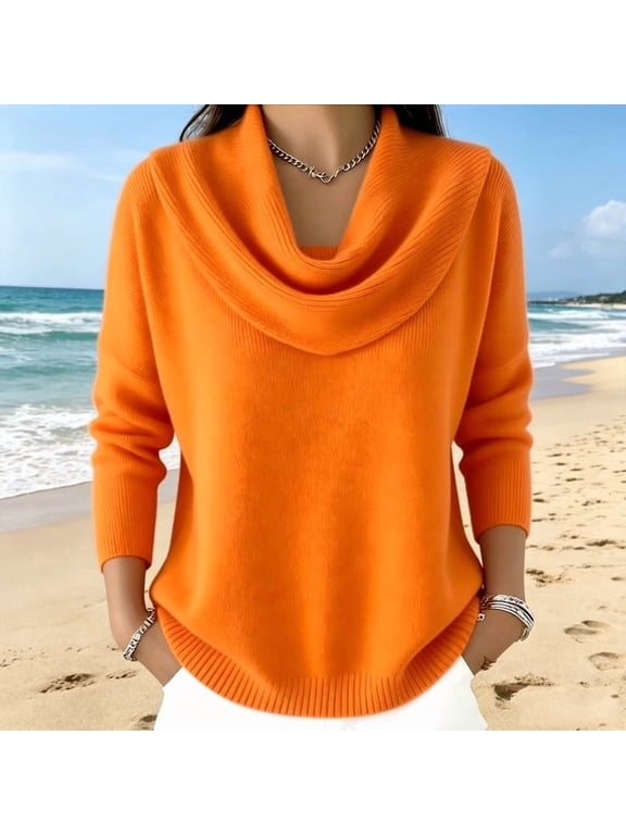 Womens Solid Color Knitted Cowl Neck Sweaters Long Sleeve Casual Pullovers Soft Warm Fall Winter Fashion Tops, Orange XS