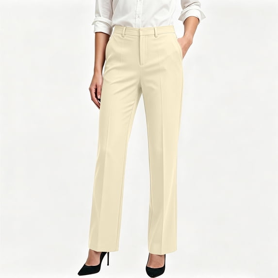 Usloyux Women's Straight Leg High Waisted Trousers with Pockets Regular Fit Long Pants Office Business Casual Work Bottoms Elegant Daily Wear, Beige M