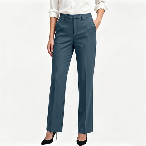 Usloyux Women's Straight Leg High Waisted Trousers with Pockets Regular Fit Long Pants Office Business Casual Work Bottoms Elegant Daily Wear, Blue XL