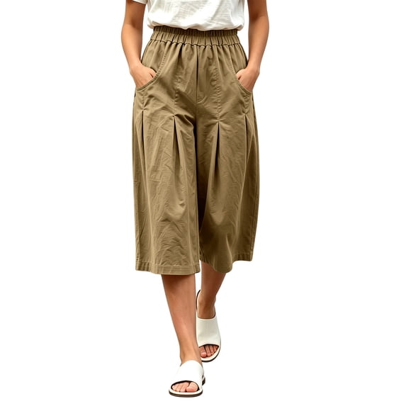 Usloyux Women's Wide Leg Capri Pants Elastic with Pockets Casual Summer Beach Active Bottoms, Khaki M