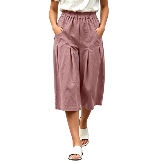 Usloyux Women's Wide Leg Capri Pants Elastic with Pockets Casual Summer Beach Active Bottoms, Pink XL