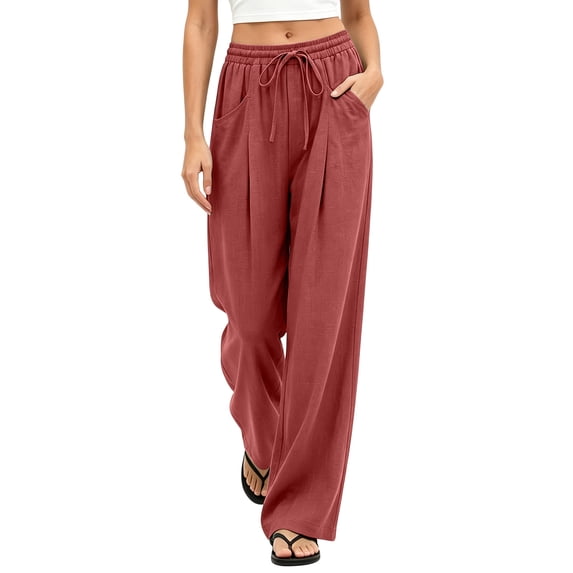 Usloyux Women's Wide Leg Drawstring Flowy Palazzo Pants with Pockets Elastic Casual Beach Vacation Trousers, Red 2XL