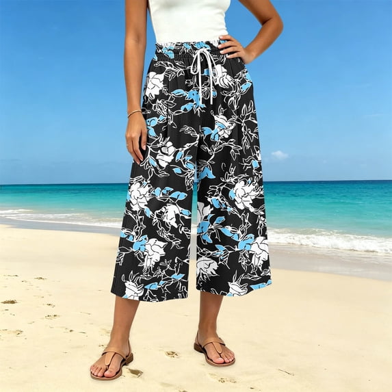 Usloyux Women's Wide Leg High Waisted Flowy Floral Capri Pants Casual Summer Beach Workwear Trousers, Black 2XL