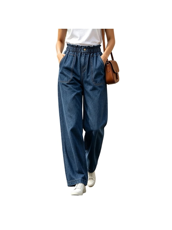 Women's Wide Leg High Waisted Jeans with Pockets Casual Loose Long Pants Party, Dark Blue S