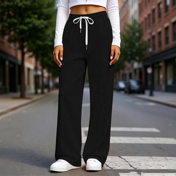 Usloyux Women's Wide Leg High Waisted Pants with Pockets Elastic Trousers Casual Lounge Travel Bottoms, Black 2XL
