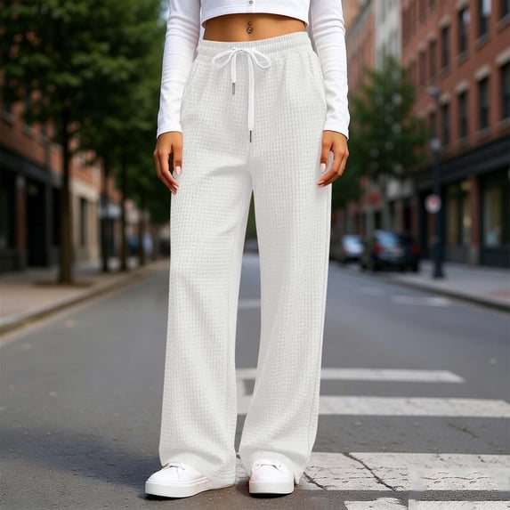 Usloyux Women's Wide Leg High Waisted Pants with Pockets Elastic Trousers Casual Lounge Travel Bottoms, White XL