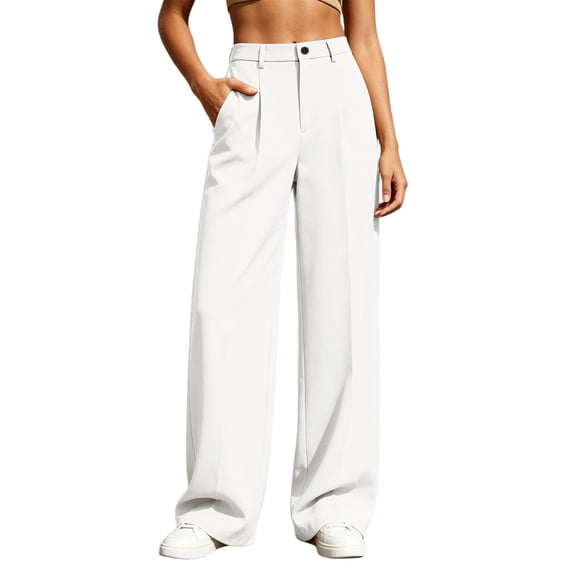 Usloyux Women's Wide Leg High Waisted Trousers with Pockets Flowy Elastic Casual Loose Long Pants for Travel Beach, White S
