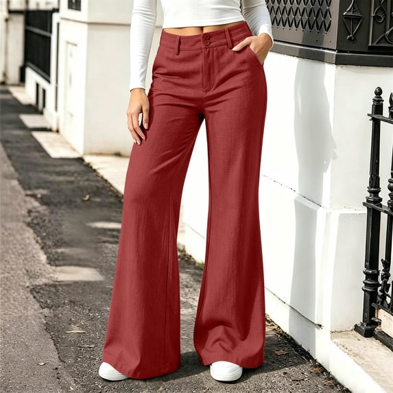 Usloyux Women's Wide Leg Pants High Waisted Flowy Palazzo Trousers with Pockets Casual Loose Long Bottoms for Summer Beach Party, Wine 2XL