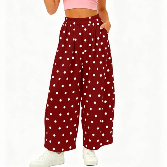 Usloyux Women's Wide Leg Pants with Pockets Polka Dot Trousers Casual Loose Long Pants for Vacation Beach, Wine 2XL
