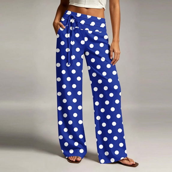 Usloyux Women's Wide Leg Pants with Tie Waist Flowy Polka Dot Casual Lounge Long Trousers for Beach Party, Blue XL