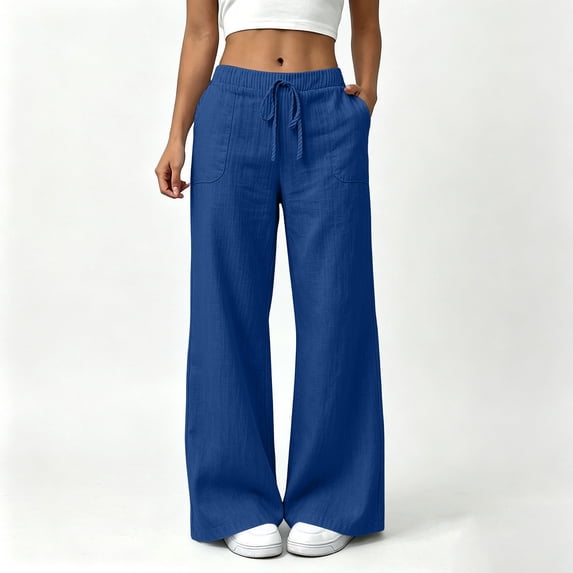 Usloyux Women's Wide Leg Trousers with Pockets Flowy Drawstring Long Pants for Summer Beach Casual Party Work, Blue M