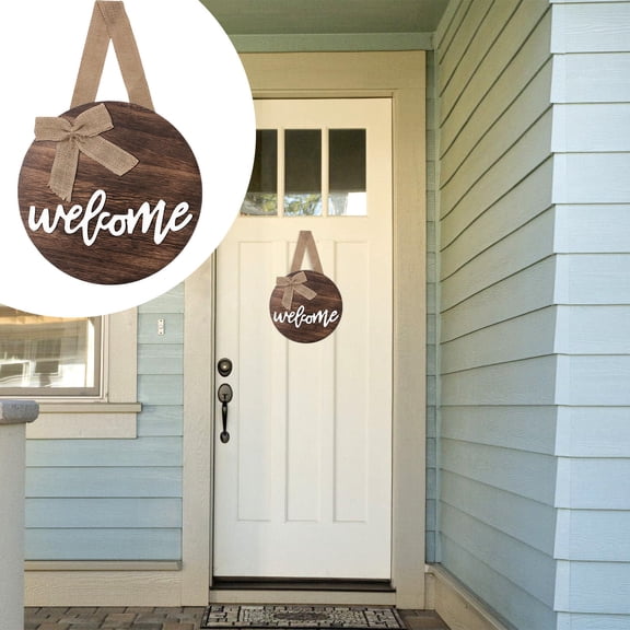 Usloyux Wooden Letter Pattern Welcome Board with Linen Bow, Front Door Round Decoration Hanging, Rustic Porch Sign, Handmade Home Entryway Decor, Seasonal Welcome Plaque