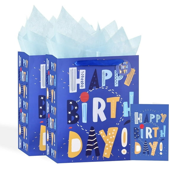 Usmilegift 13" Birthday Gift Bag with Card and Tissue Paper for Kids Girls Boy,Baby boy Birthday Gift Bags,Birthday Gift Bags Medium Size,Cute Present Bag Gift Bags Set(2PCS Blue Gift Bag)