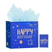 Usmilegift 13" Blue Birthday Gift Bag with Card and Tissue Paper for happy Birthday gift bags for Baby Shower, Party, and Men Women
