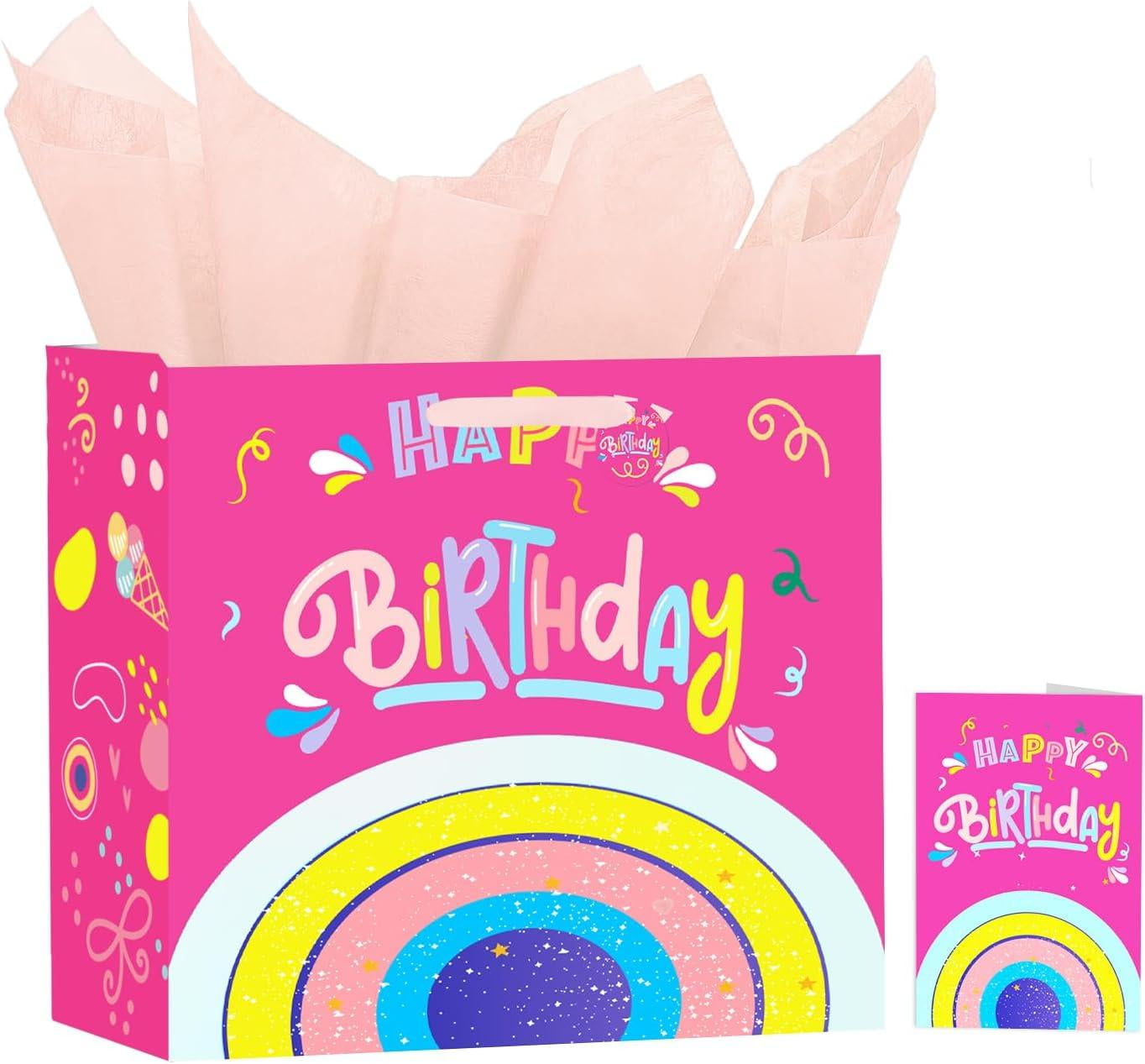 Large Pink Birthday Gift Bag Set With Card & Tissue - 12.6" Wide Party Wrapping