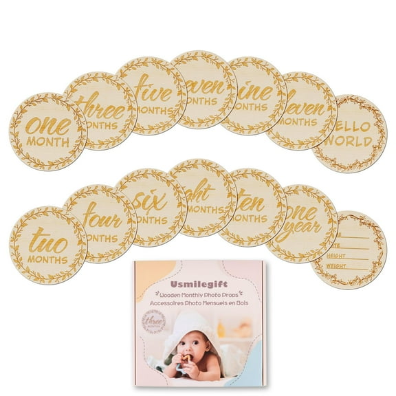 Usmilegift Floral Wooden Brown Baby Monthly Milestone Marker Photo Props, 7 Pieces