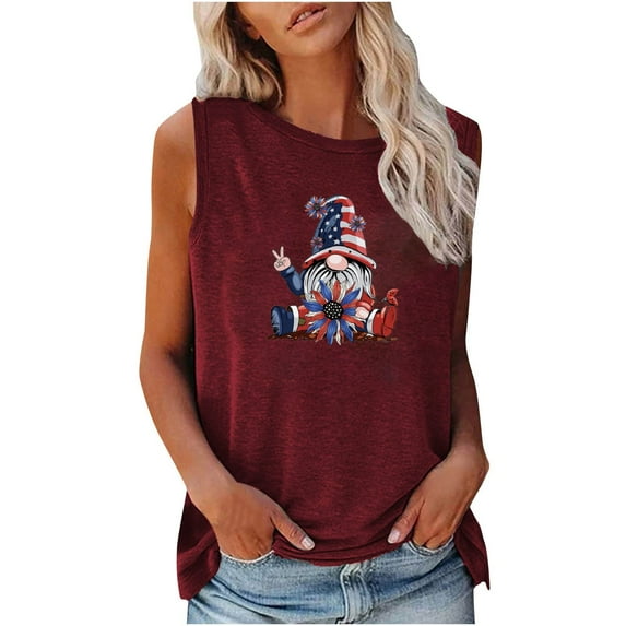 Usmisi 4th of July Tank Tops Comfy Breathable Loose Fit Patriotic Tshirts Vest Womens Fashion Independence Day Gnome Print Crewneck Sleeveless Summer Blouses Wine m
