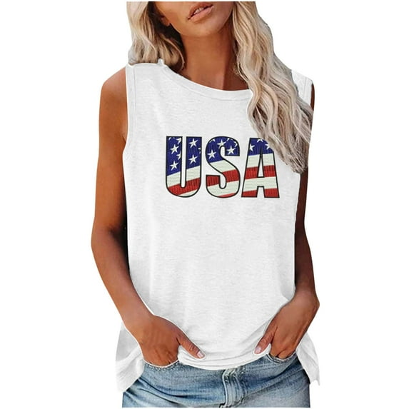 Usmisi 4th of July Tank Tops Comfy Loose Fit Independence Day Patriotic Graphics Shirts Vest Womens Fashion USA Letter Print Round Neck Sleeveless Summer Blouses White xxl