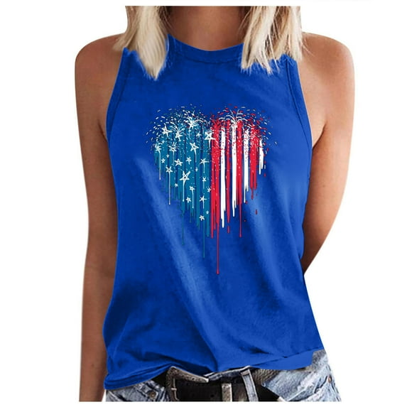 Usmisi 4th of July Tank Tops Comfy Loose Fit Independence Day Patriotic Vest Shirts Womens Fashion Heart US Flag Print Round Neck Sleeveless Summer Blouses Blue xxl