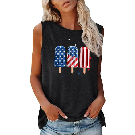 Usmisi 4th of July Tank Tops Comfy Loose Fit Patriotic Independence Day Shirts Vest Womens Fashion Popsicle Flag Print Round Neck Sleeveless Summer Blouses Black s