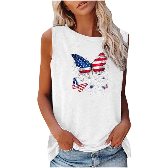 Usmisi 4th of July Tank Tops Comfy Loose Independence Day Patriotic Graphics Shirts Vest Womens Fashion Butterfly Flag Print Crewneck Sleeveless Summer Blouses White m